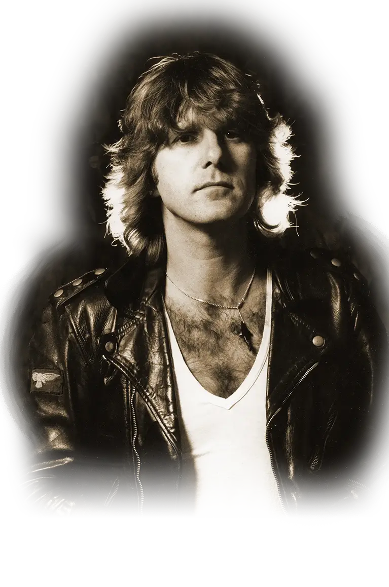 Black and white portrait photograph of Keith Emerson